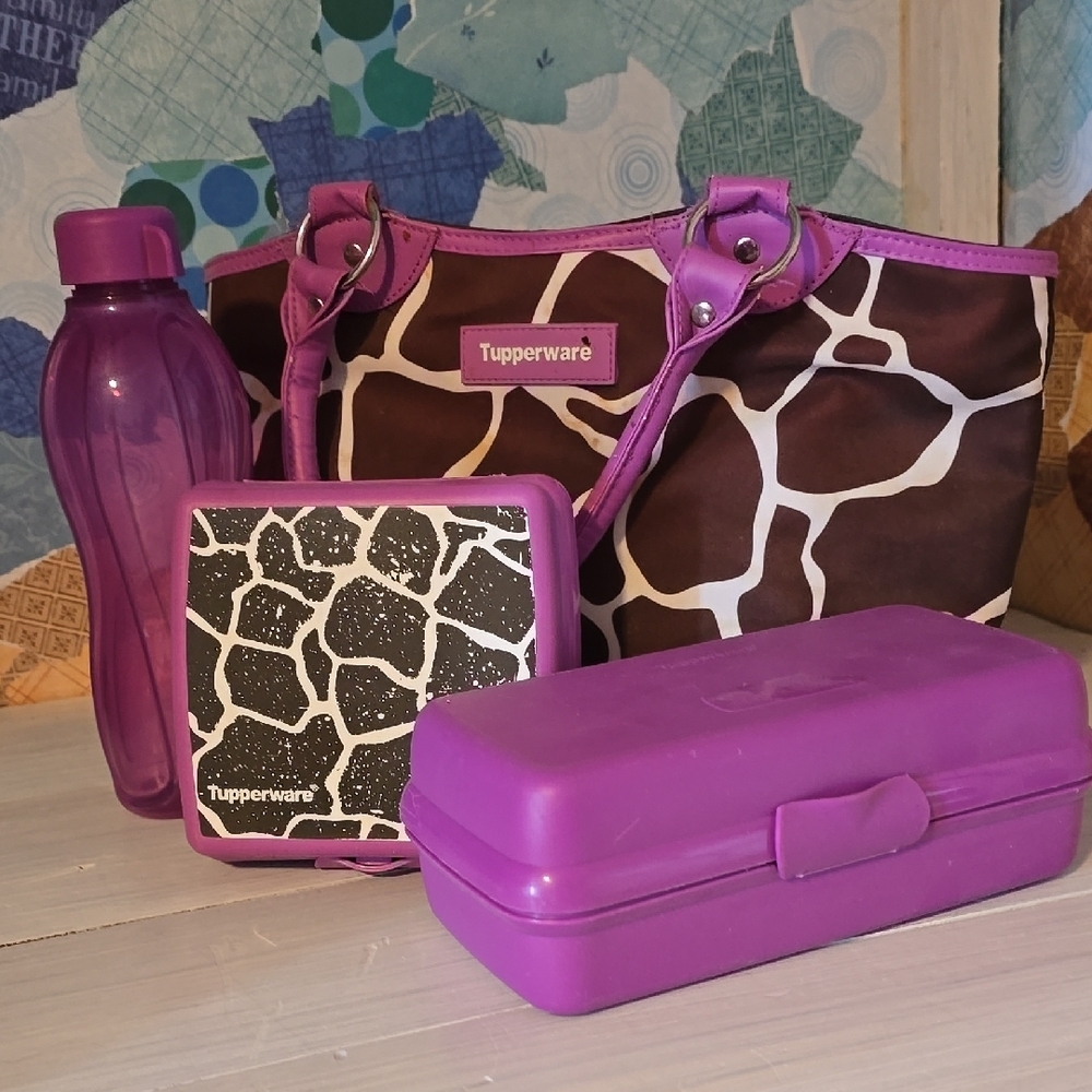 Tupperware Giraffe Print Tote Set with Purple Accessories